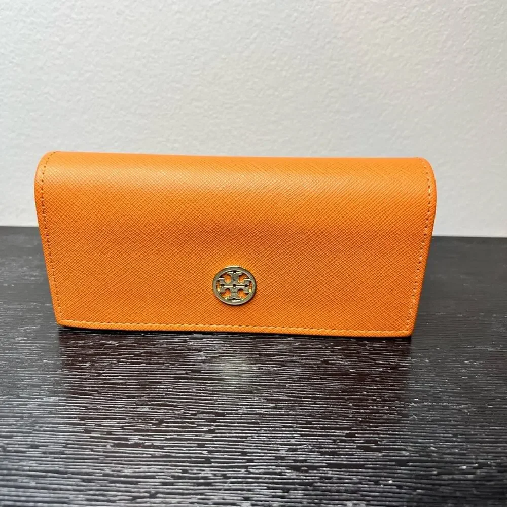 ๐ NWOT Tory Burch Sunglasses Case Orange with Gold Emblem Logo Leather Like - Picture 1 of 11